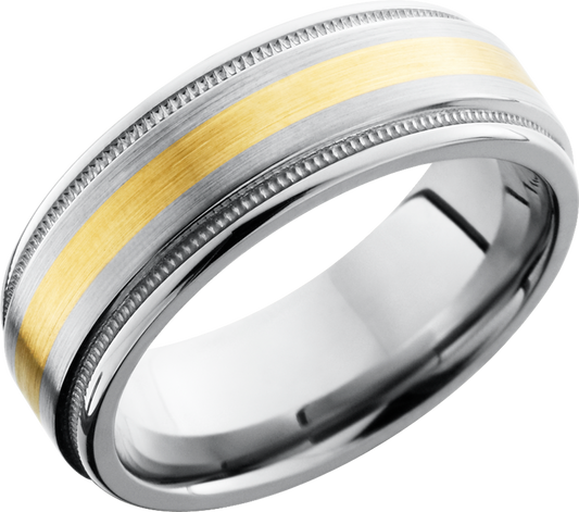 Titanium 8mm flat band with rounded edges and an  inlay of 14K yellow gold