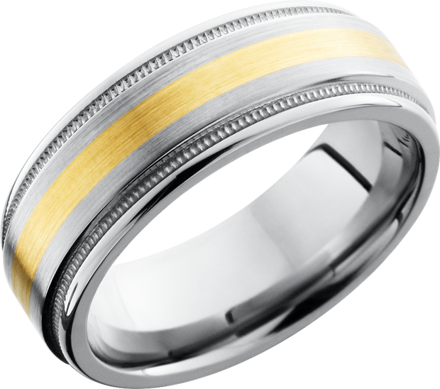 Titanium 8mm flat band with rounded edges and an  inlay of 14K yellow gold