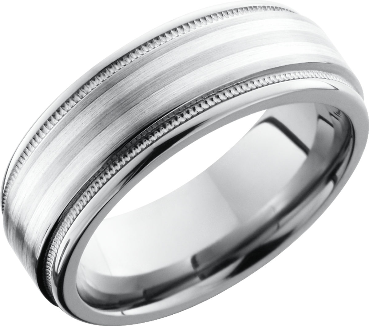 titanium 8mm flat band with rounded edges and 2, 1mm inlays of sterling silver