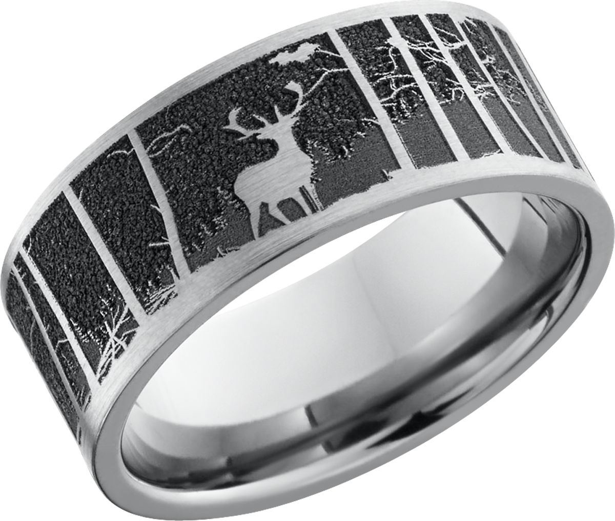 titanium 9mm flat band with a laser-carved elk mountain pattern