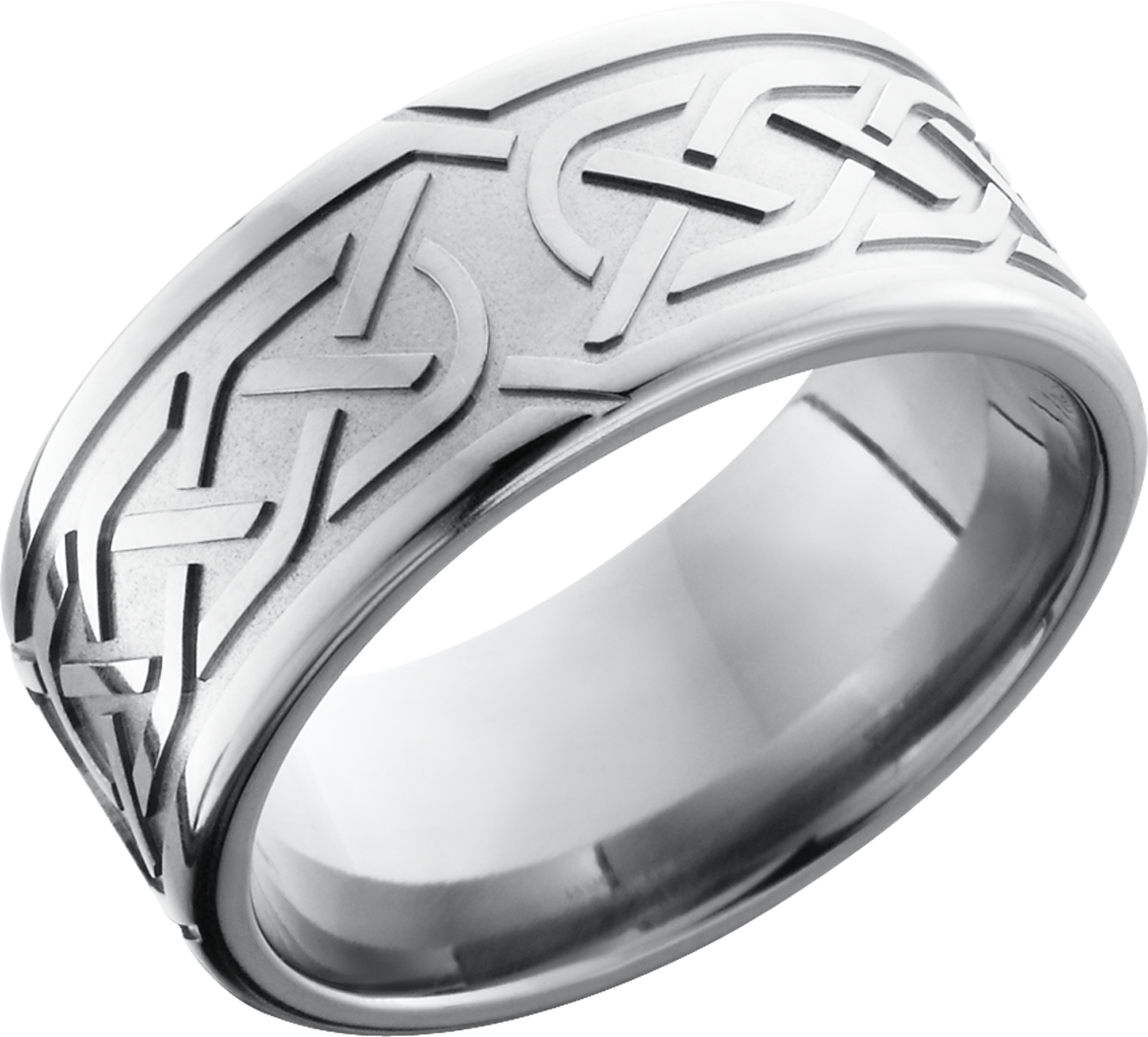 titanium 9mm flat band with a laser-carved celtic pattern