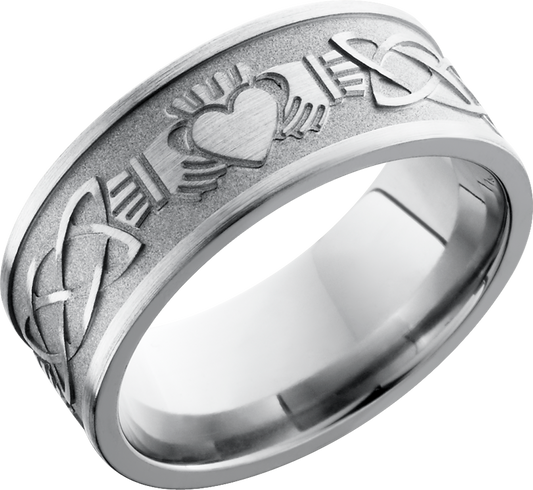 Titanium 9mm flat band with a laser-carved claddagh celtic pattern