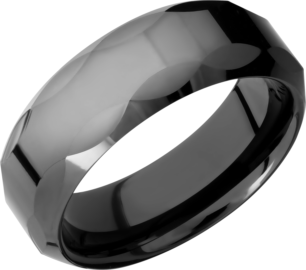 tungsten ceramic 8mm flat band with beveled edges and facet pattern