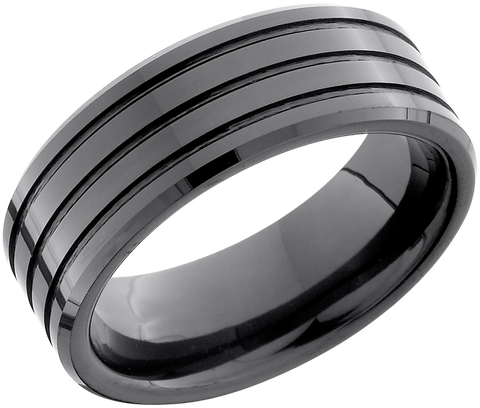 Black Ceramic 8mm flat band with beveled edges and 3, 1mm grooves