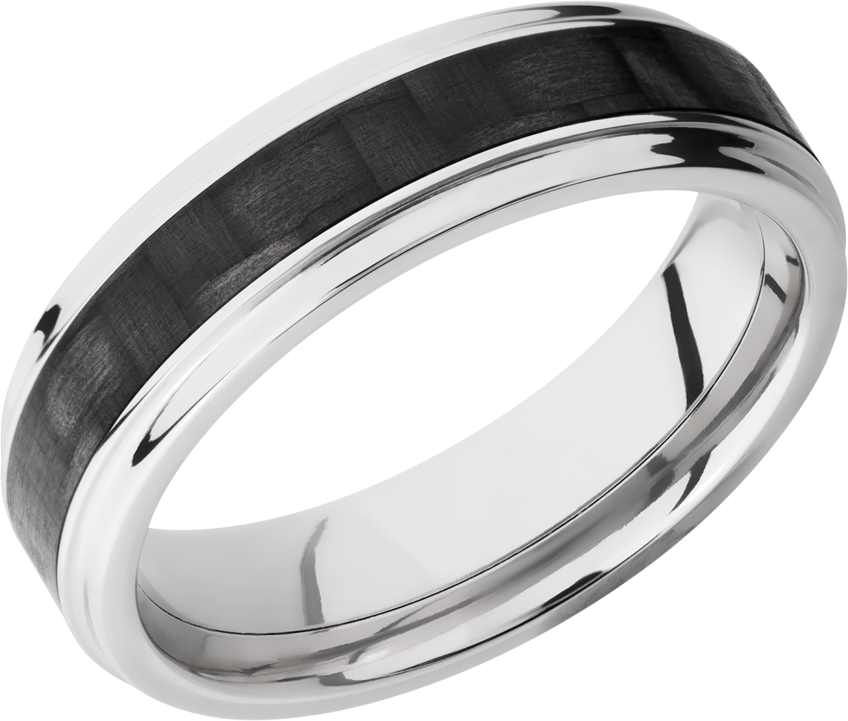 titanium 6mm flat band with grooved edges and a 3mm inlay of black carbon fiber