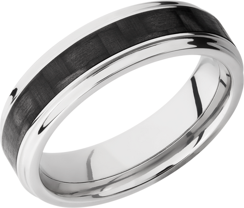 Titanium 6mm flat band with grooved edges and a 3mm inlay of black Carbon Fiber