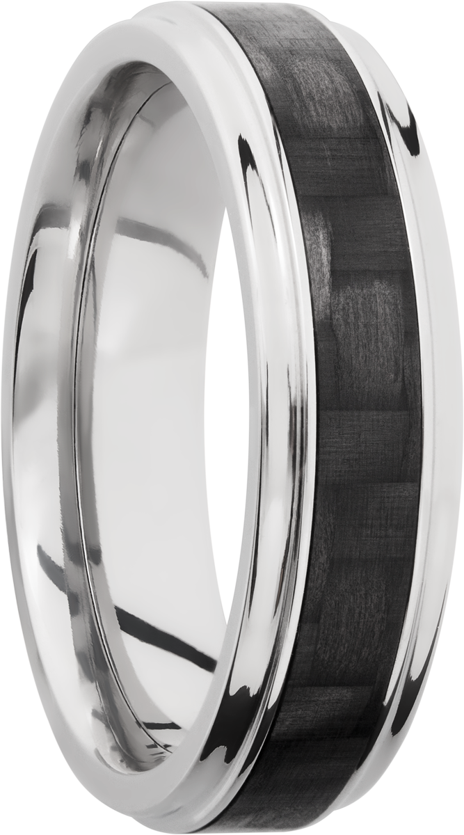 titanium 6mm flat band with grooved edges and a 3mm inlay of black carbon fiber