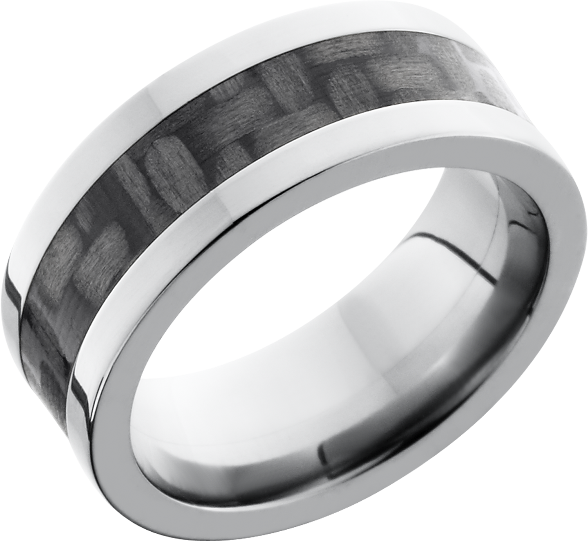 titanium 8mm flat band with a 4mm inlay of black carbon fiber