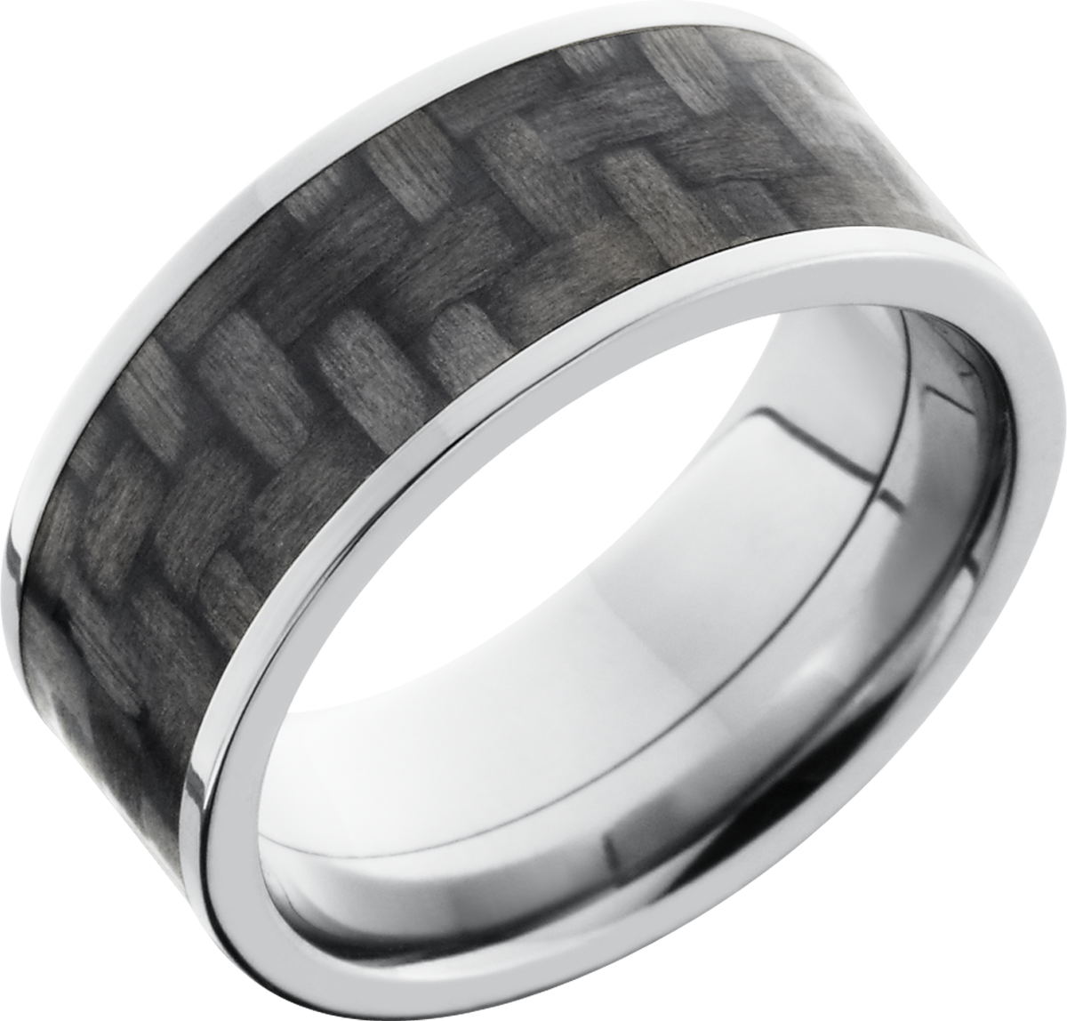 titanium 9mm flat band with a 7mm inlay of black carbon fiber