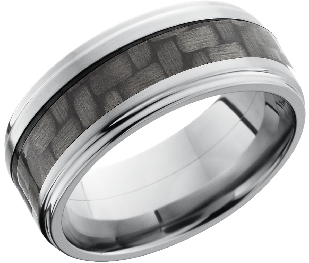 titanium 9mm flat band with grooved edges and a 4mm inlay of black carbon fiber