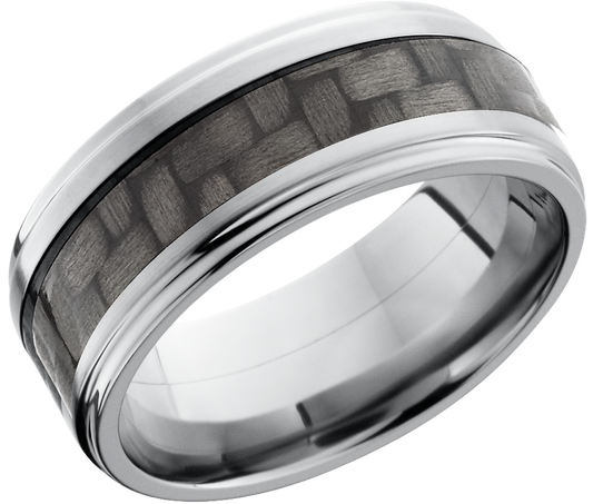 Titanium 9mm flat band with grooved edges and a 4mm inlay of black Carbon Fiber