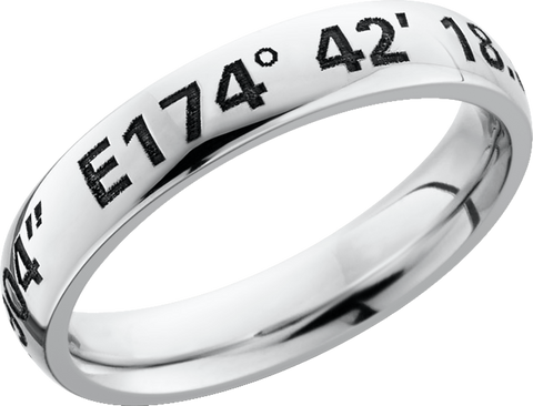 Cobalt chrome 4mm domed band with a laser-carved coordinates