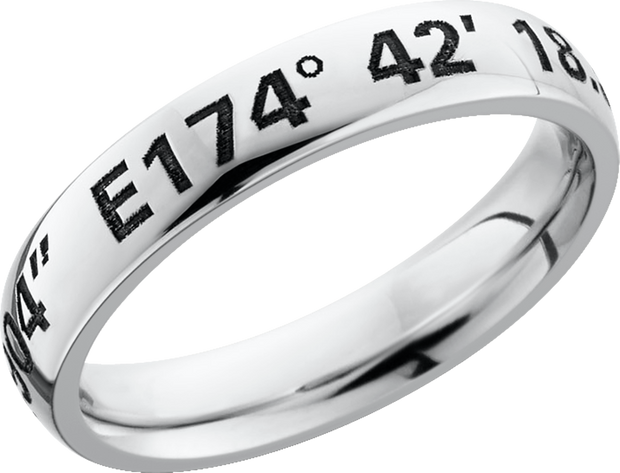 Cobalt chrome 4mm domed band with a laser-carved coordinates
