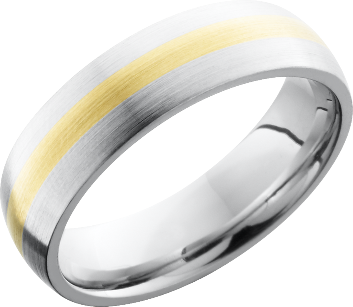 cobalt chrome 6mm domed band with a 2mm inlay of 14k yellow gold