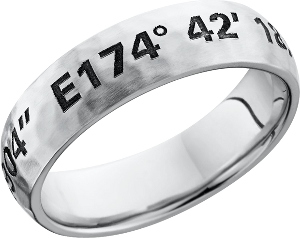 Cobalt chrome 6mm domed band with a laser-carved coordinates