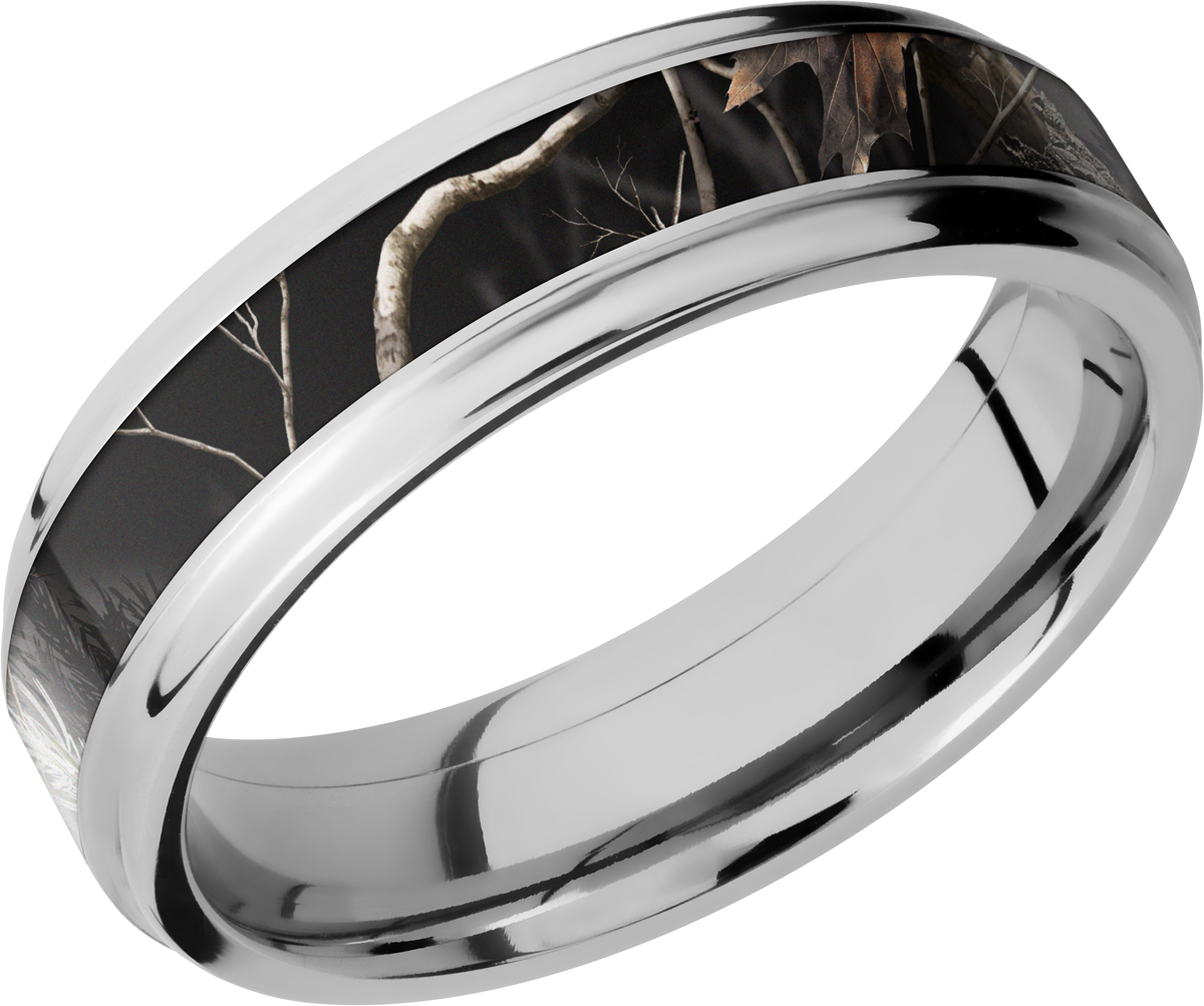 cobalt chrome 6mm flat band with grooved edges and a 3mm inlay of realtree apc black camo