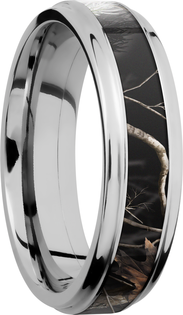 cobalt chrome 6mm flat band with grooved edges and a 3mm inlay of realtree apc black camo