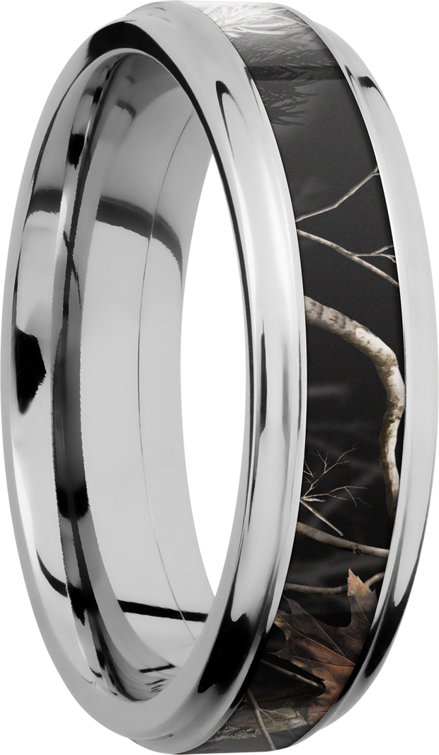 Cobalt chrome 6mm flat band with grooved edges and a 3mm inlay of Realtree APC Black Camo