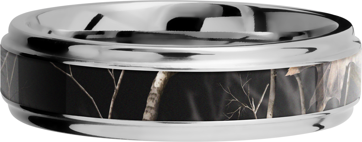 cobalt chrome 6mm flat band with grooved edges and a 3mm inlay of realtree apc black camo