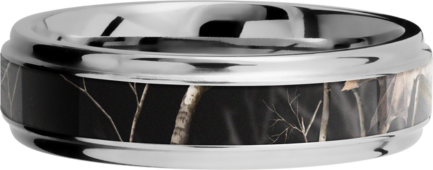 Cobalt chrome 6mm flat band with grooved edges and a 3mm inlay of Realtree APC Black Camo