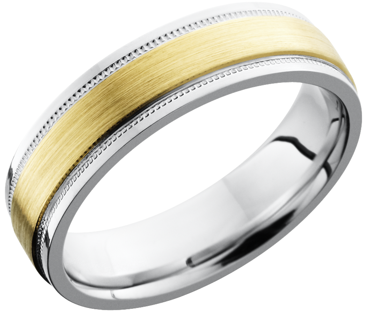 cobalt chrome 6mm flat band with grooved edges and a 3mm inlay of 14k yellow gold