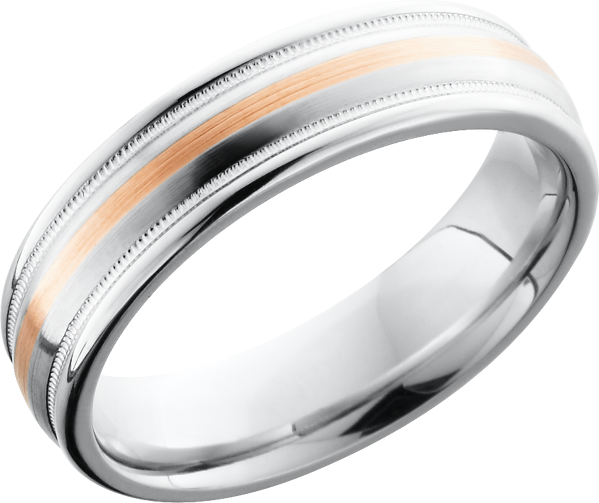 cobalt chrome 6mm domed band with rounded edges, milgrain, and a 1mm inlay of 14k rose gold