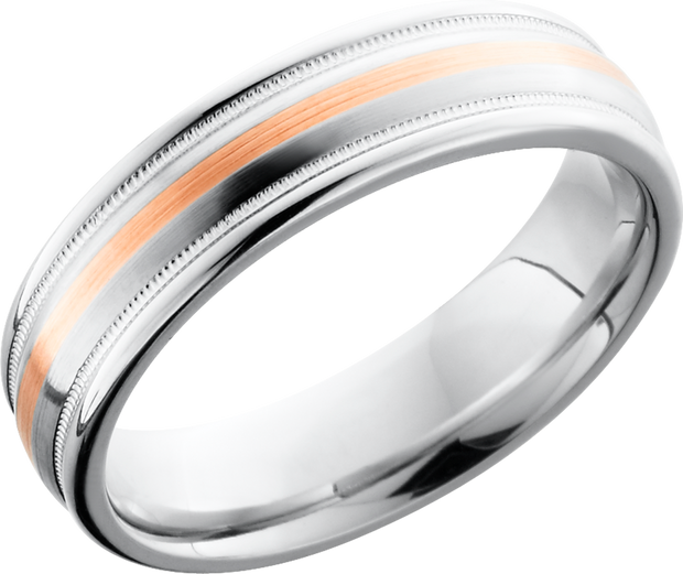 Cobalt chrome 6mm domed band with rounded edges, milgrain, and a 1mm inlay of 14K Rose Gold