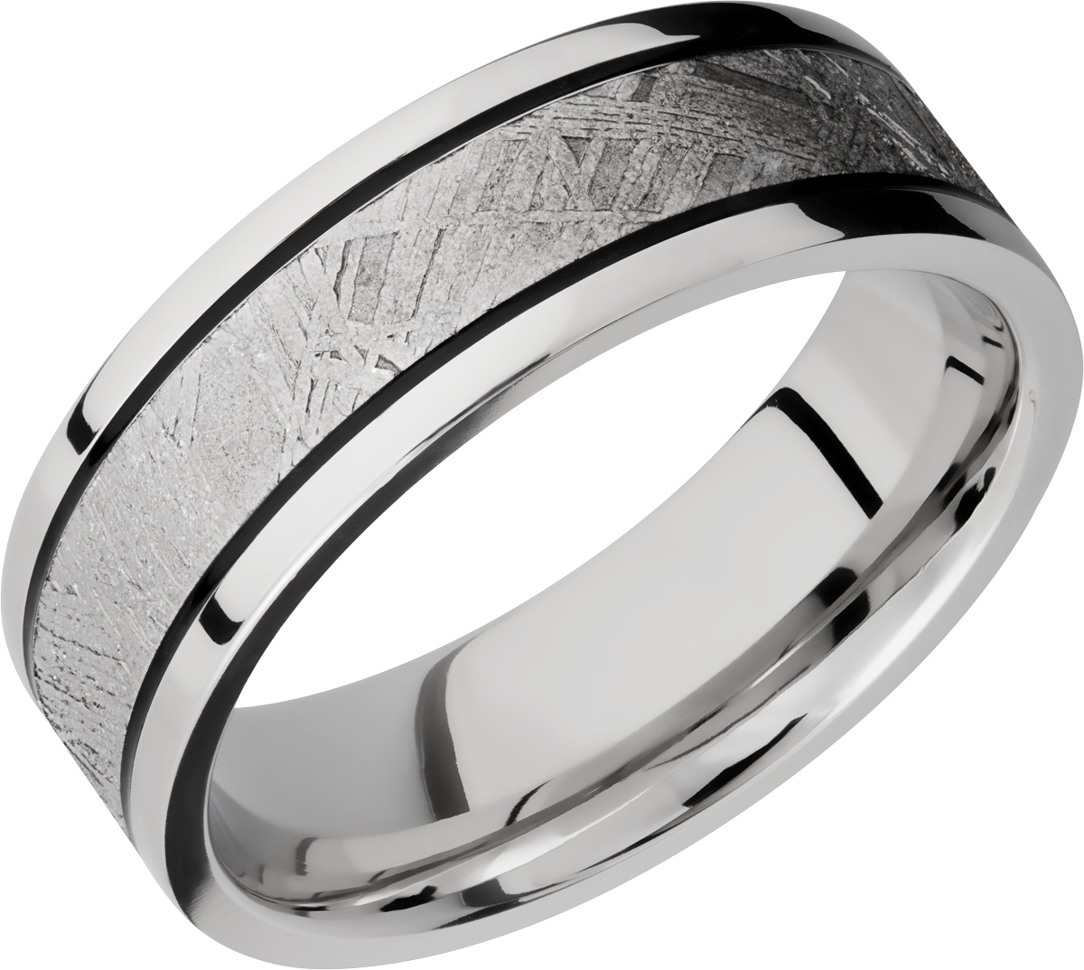 cobalt chrome 7.5mm flat band with an inlay of authentic gibeon meteorite