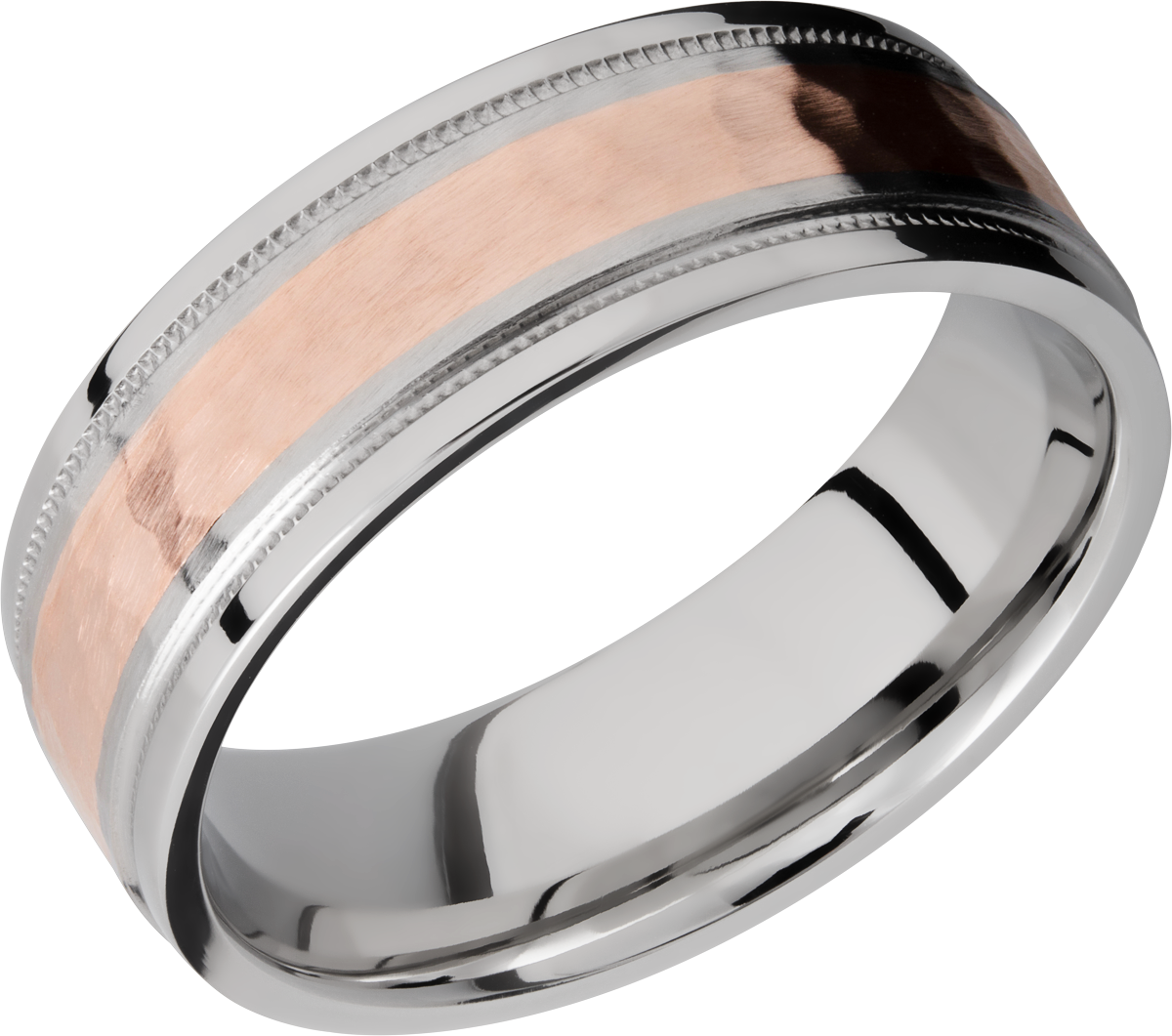 cobalt chrome 7.5mm flat band with grooved edges and reverse milgrain detail and inlay of 14k rose gold