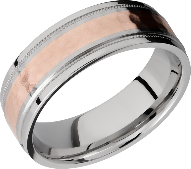 Cobalt chrome 7.5mm flat band with grooved edges and reverse milgrain detail and inlay of 14K rose gold
