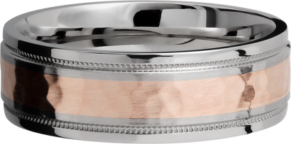 Cobalt chrome 7.5mm flat band with grooved edges and reverse milgrain detail and inlay of 14K rose gold