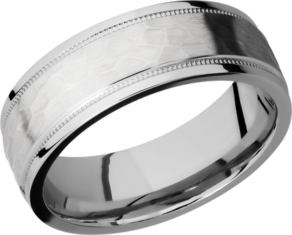 Cobalt chrome 7.5mm flat band with grooved edges and reverse milgrain detail