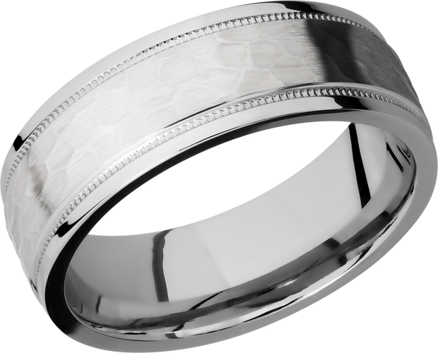 Cobalt chrome 7.5mm flat band with grooved edges and reverse milgrain detail