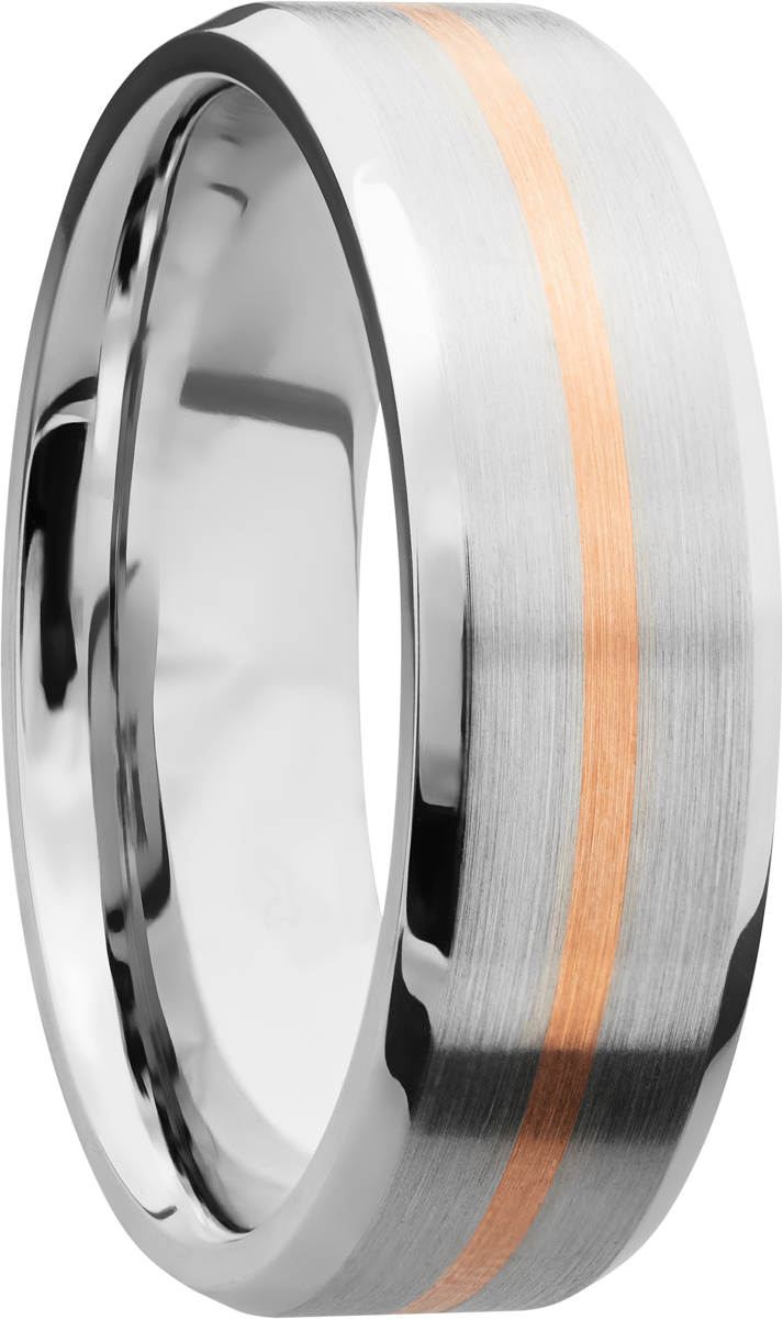 cobalt chrome 7mm beveled band with 1, 1mm inlay of 14k rose gold