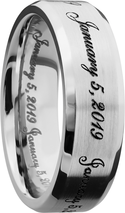 Cobalt chrome 7mm beveled band with laser-carved fonts