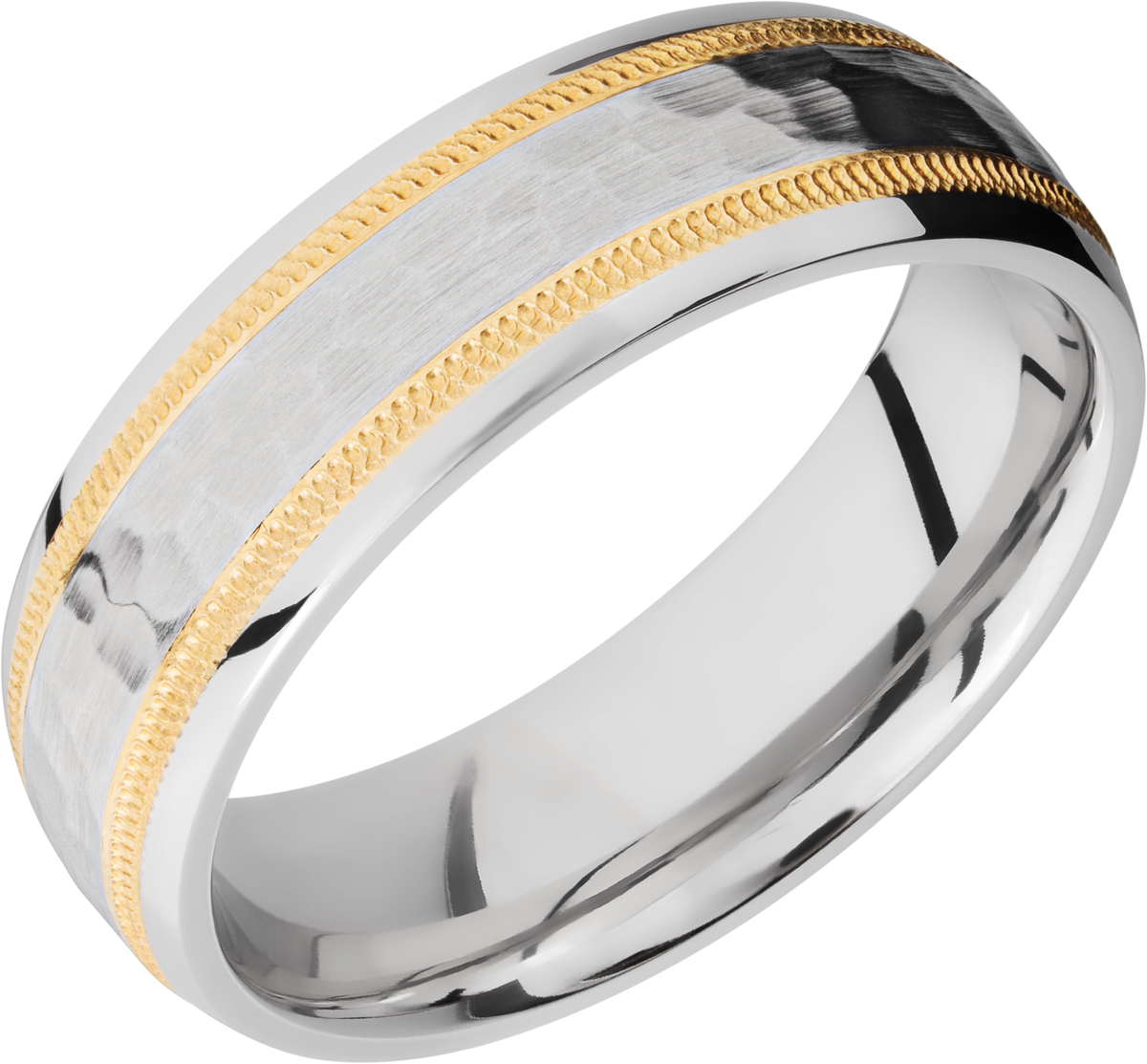 cobalt chrome 7mm domed band with an two inlays of 14k yellow gold in milgrain