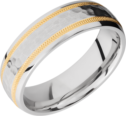 Cobalt chrome 7mm domed band with an two inlays of 14K yellow gold in milgrain