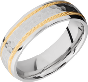 Cobalt chrome 7mm domed band with an two inlays of 14K yellow gold in milgrain