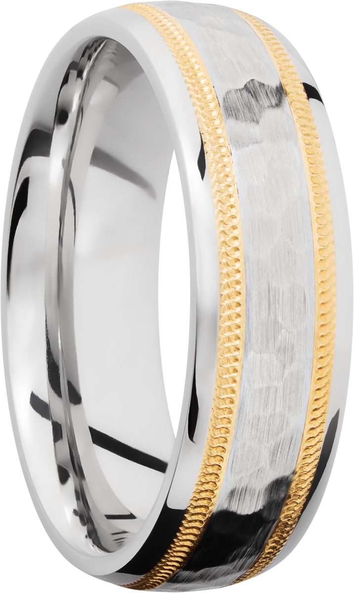 cobalt chrome 7mm domed band with an two inlays of 14k yellow gold in milgrain