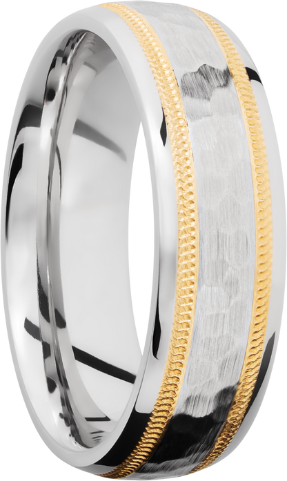 Cobalt chrome 7mm domed band with an two inlays of 14K yellow gold in milgrain