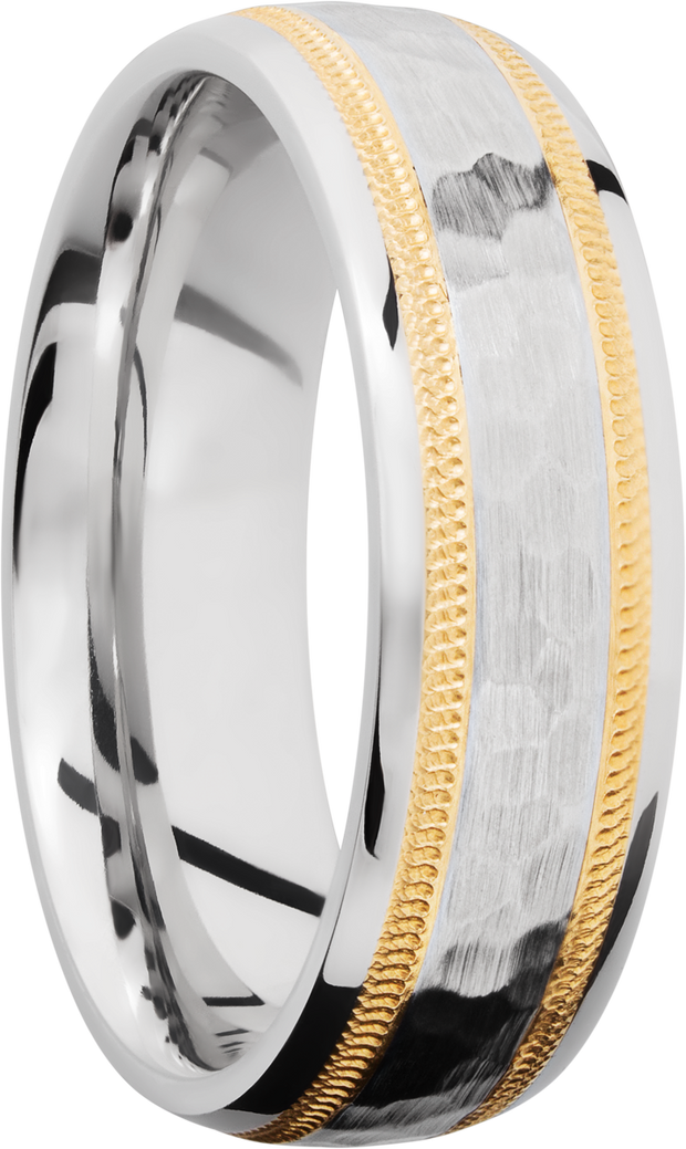 Cobalt chrome 7mm domed band with an two inlays of 14K yellow gold in milgrain