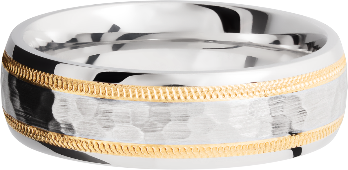 cobalt chrome 7mm domed band with an two inlays of 14k yellow gold in milgrain