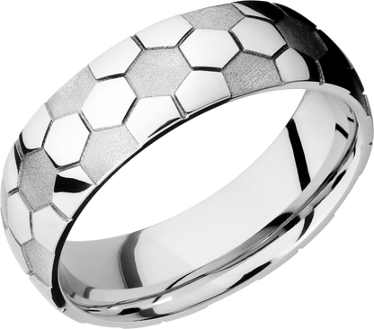 Cobalt chrome 7mm domed band with laser-carved soccer ball pattern