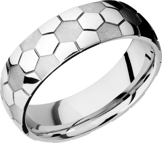 Cobalt chrome 7mm domed band with laser-carved soccer ball pattern