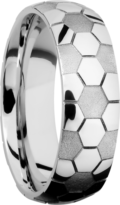 Cobalt chrome 7mm domed band with laser-carved soccer ball pattern