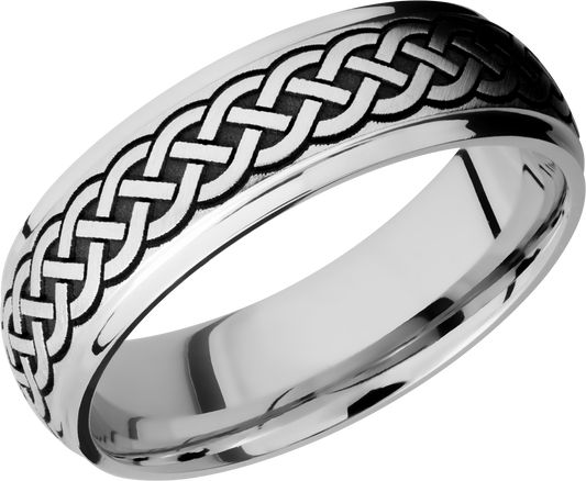 Cobalt chrome 7mm domed band with grooved edges and a laser-carved celtic pattern