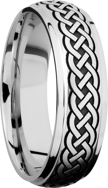 Cobalt chrome 7mm domed band with grooved edges and a laser-carved celtic pattern