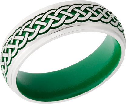 Cobalt chrome 7mm domed band with grooved edges a laser-carved Celtic pattern featuring Cerakote