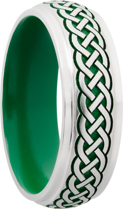 Cobalt chrome 7mm domed band with grooved edges a laser-carved Celtic pattern featuring Cerakote