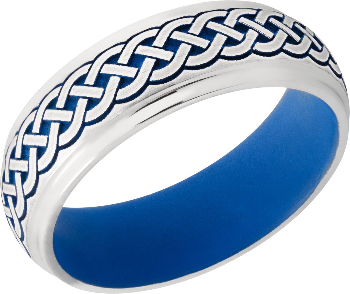 cobalt chrome 7mm domed band with grooved edges a laser-carved celtic pattern featuring royal blue cerakote